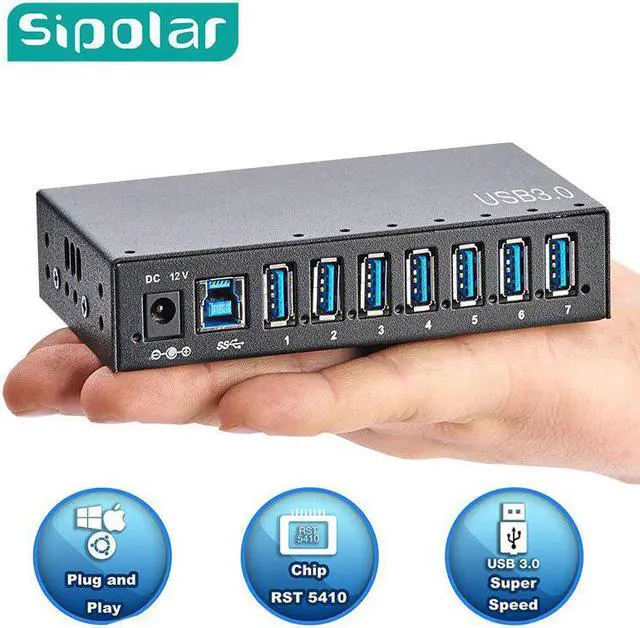 Main image of 7 port usb 3.0 metal charger hub mounting ears bracket LED indicator and 12V3A 36W power adapter