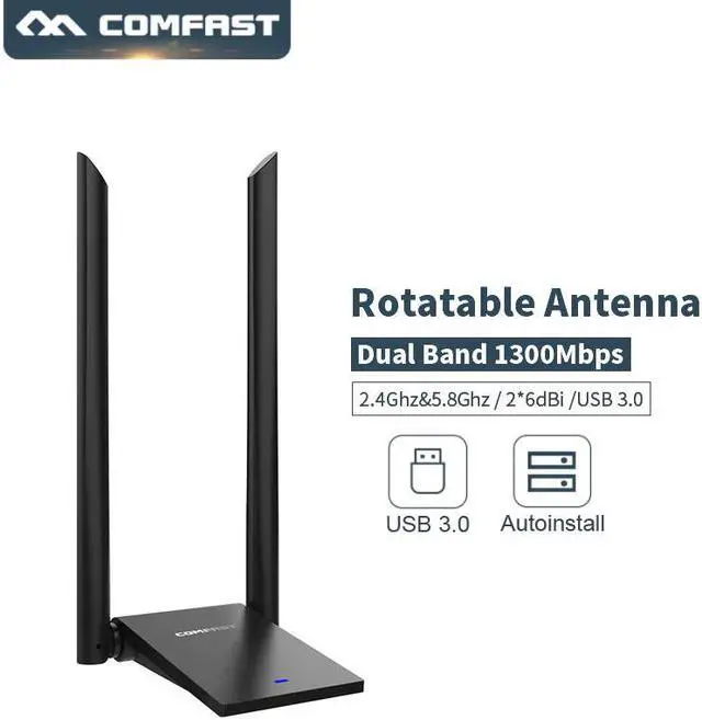Main image of High Power 1300Mbps Wireless Network Adapter USB3.0 Desktop PC Wifi Adapters Receiver Long Range Dual 6dBI Wifi Antenna MT7612U