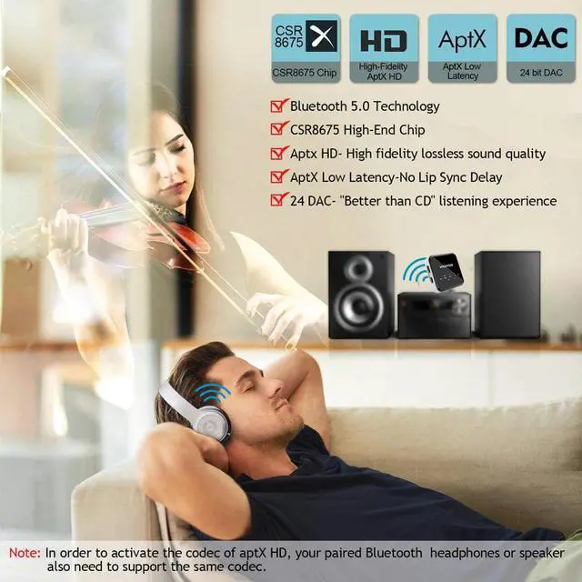 Alt view image 2 of 5 - 5.0 Receiver and Transmitter Aptx HD LL Handsfree Call 3.5 AUX RCA Wireless Audio Adapter For Car TV Speaker Headphone