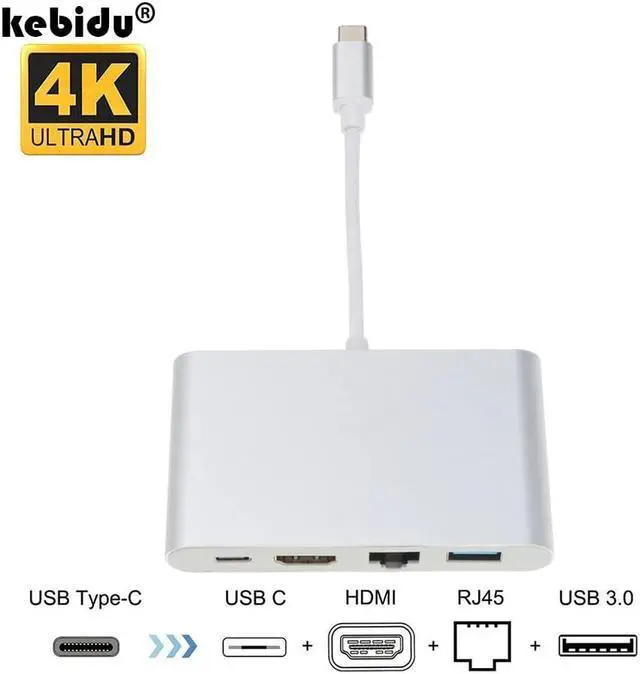 Alt view image 5 of 5 - New 4 in 1 USB-C Hub Adapter USB 3.1 Type C to 4K RJ45 Port USB 3.0 USB 3.1 Converter for Macbook HDTV For