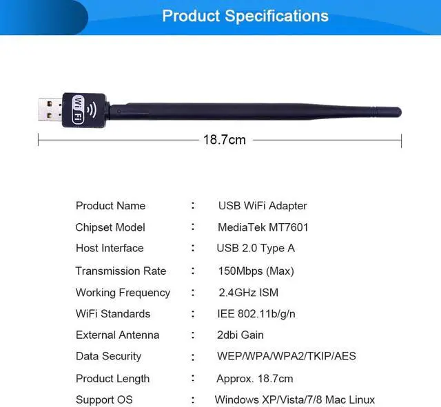 Alt view image 3 of 5 - 150Mbps Mini USB WiFi Adapter Ralink MT7601 Wireless Network Card 2.4G Antenna PC LAN Wi Fi Wi-Fi Receiver 802.11 b/g/n