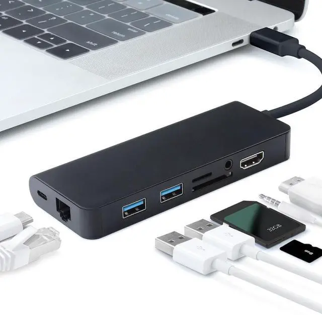 Alt view image 5 of 5 - 8 In 1 Type C Hub HDMI Audio Output 3.5 Mm Micro  TF Card RJ45 Gigat Ethernet Adapter for MacBook Pro 13 15 16 inch AIR 13