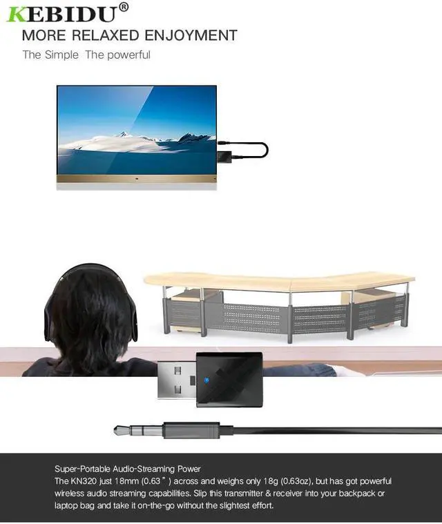 Alt view image 2 of 5 - KN320 Mini Bluetooth V5.0 Transmitter Receiver 3.5mm AUX Stereo Wireless Bluetooth Adapter For Car Music For TV Newest