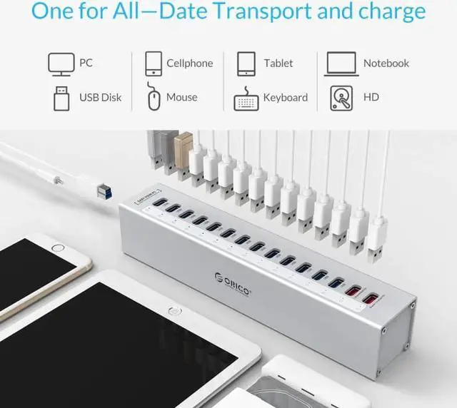 Alt view image 4 of 5 - A3H13P2-SV Aluminum 13 Ports Multi USB3.0 HUB Splitter with 2 Charging Ports 5V2.4A Super Charger / 5V1A Universal Silver