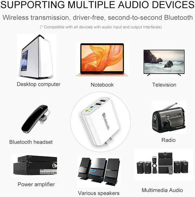 Alt view image 5 of 5 - 4 in 1 2.1A USB 2.0 Hub + Bluetooth 5.0 Receiver Transimtter with 3.5mm Jack Stereo Aux Audio Wireless Adapter for Speaker Car