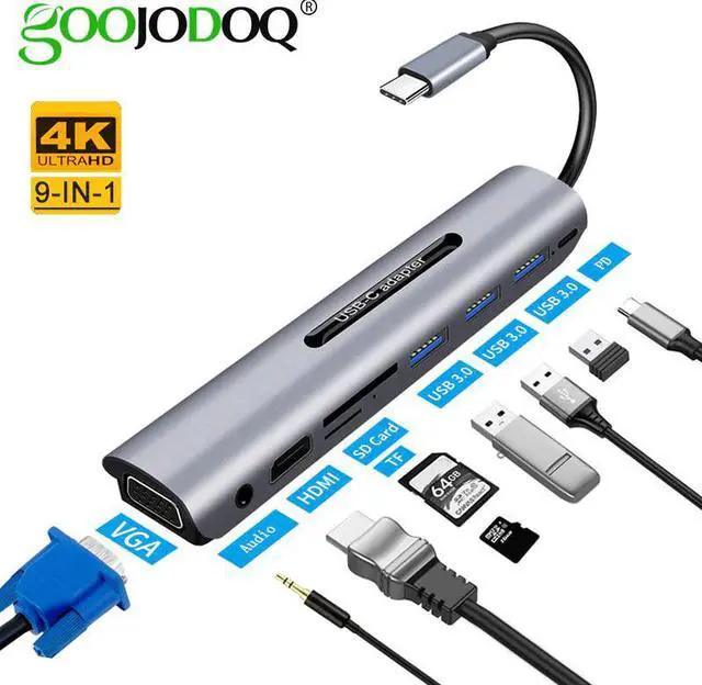 Main image of 9 Ports USB C HUB to  VGA RJ45 Gigat Ethernet Power Adapter Dock PD Charger for MacBook Pro Air Multi Type C HUB