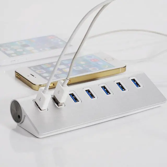 Alt view image 2 of 5 - 7 Port Aluminum USB 3.0 HUB 5Gbps High Speed +AC Power Adapter For PC Laptop Mac US EU UK plug
