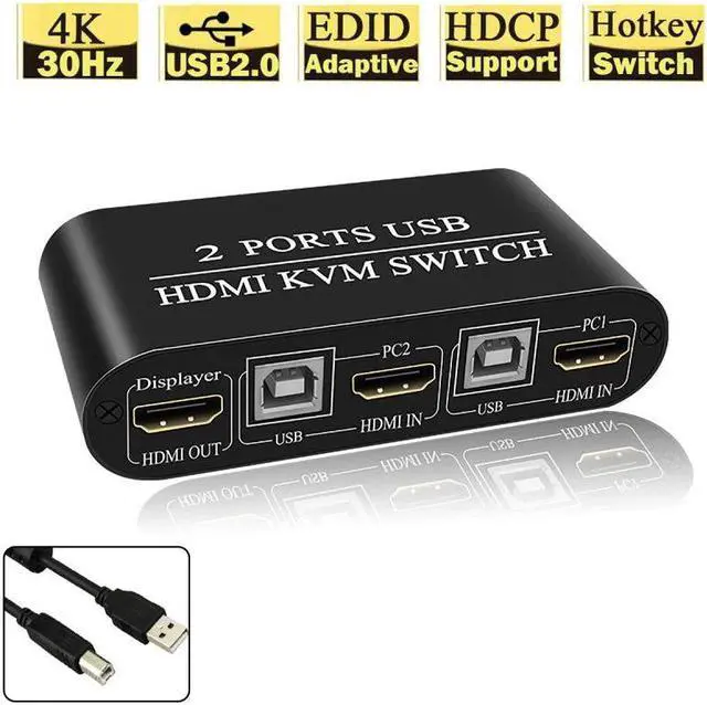 Alt view image 6 of 7 - 2X1  KVM Switch Port Box 3 USB 2.0 Hub UHD 4K@30Hz 2 In 1 Out Hotkey Switchs For Win7/8/10/XP/Vista New 2020.