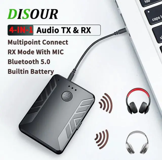 Alt view image 3 of 5 - 4 IN 1 Multipoint Bluetooth 5.0 Audio Transmitter Receiver For TV PC Connect 2 Headphones 3.5mm Stereo Wireless Adapter With MIC