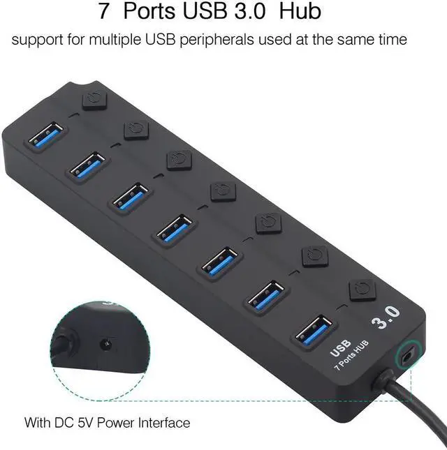 Alt view image 3 of 5 - USB Hub 3.0  High Speed 4 / 7 Port USB 3.0 Hub Splitter On/Off Switch with US/EU Power Adapter for MacBook  Laptop PC