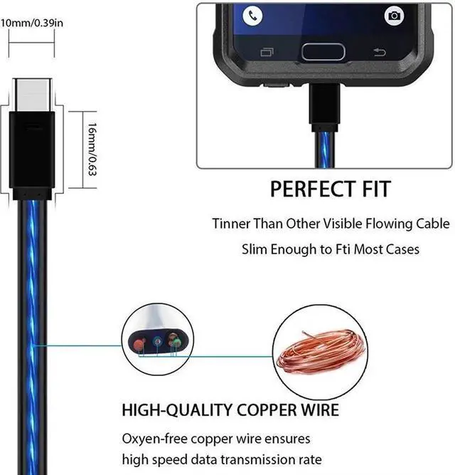 Alt view image 4 of 5 - USB Type C Cable LED Glow Flowing  Charging Cable Mole Phone Charger For  P30  Lighting Luminous Wire