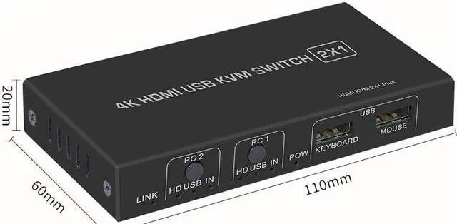 Alt view image 2 of 5 - 4K HDMI KVM Switch 2In 1Out USB HDMI1.4 KVM Switcher Splitter Support Remote Wake-Up for Keyboard Mouse Printer Monitor