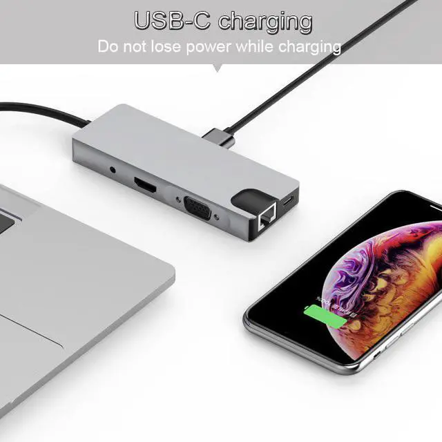 Alt view image 4 of 5 - USB-C HUB Type C HUB to USB 3.0 Thunderbolt 3 3.5mm Audio RJ45 Adapter for MacBook Pro Galaxy S9 USB C HUB