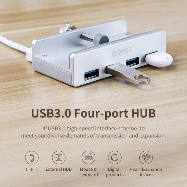 Alt view image 2 of 5 - MH4PU-P USB Hub Aluminum External 4Ports USB 3.0 Usb Splitter with 10-30mm Adjustable Clip for Macbook Desktop Laptop PC