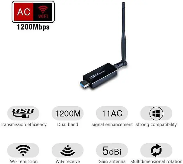 Alt view image 2 of 5 - Band 2.4G / 5G WiFi USB 3.0 Adapter RTL8812AU Chip Wireless AC 1200Mbps High Gain Antenna Network Card For Desktop Laptop