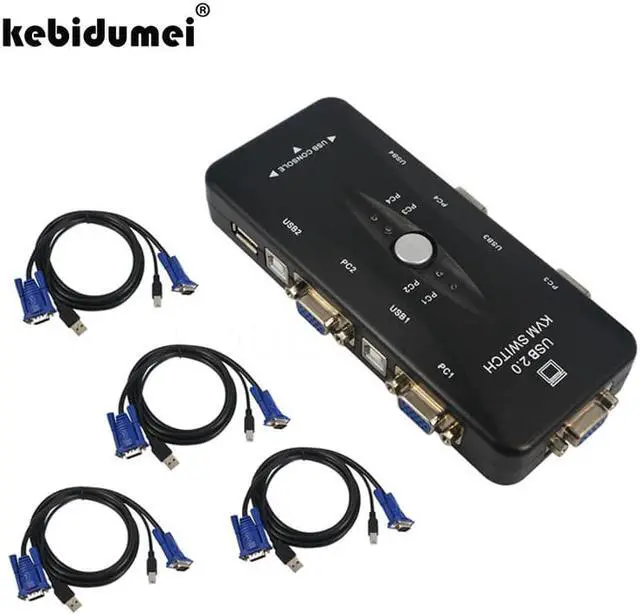 Main image of 4 Port USB 2.0 KVM VGA SVGA Switch Hub Box Selector Adapter with 4pcs KVM VGA Cable for PC Keyboard Mouse Monitor
