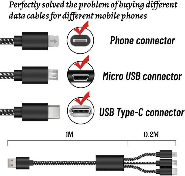 Alt view image 2 of 5 - 3 In 1 USB C cable 3A fast charging nylon braided charger for  S10 Android phone Micro USB multifunctional fast charging