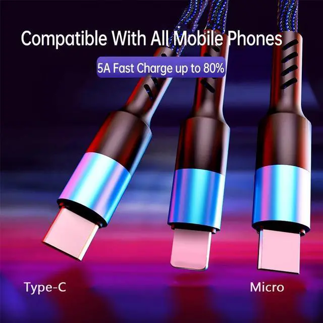 Alt view image 5 of 5 - 5A Super Charge 3 In 1 USB Type C Cable for  S20 Redmi Note 9s  P40 Nintendo Switch Multiple Usb Charger Cable