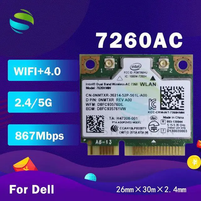 Main image of Adapter For Intel Dual Band Wireless-AC 7260 7260HMW 7260AC half Mini PCI-e +BT4.0+867Mbps Wireless Card for dell 8TF1D