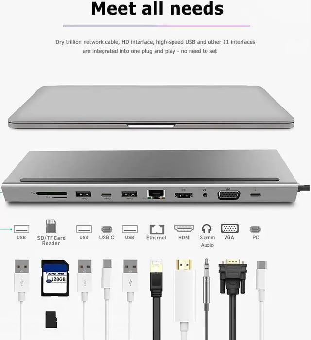 Main image of 11 in 1 Type-C HUB Adapter Type-C to USB-C USB3.0  VGA TF 3.5mm Audio PD Converter Extension Docking Adapter for PC