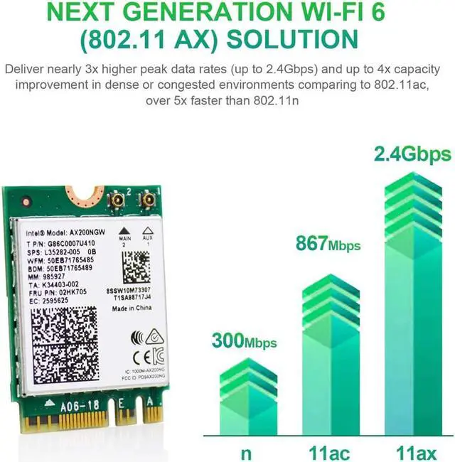 Alt view image 2 of 5 - 2974Mbps WiFi 6  AX200 PCIE Network Card 2.4G/5Ghz 802.11ac/ax Dual Band Bluetooth 5.1 AX200NGW PCI-E Wifi Adapter
