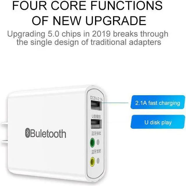 Alt view image 3 of 5 - 4 in 1 2.1A USB 2.0 Hub + Bluetooth 5.0 Receiver Transimtter with 3.5mm Jack Stereo Aux Audio Wireless Adapter for Speaker Car