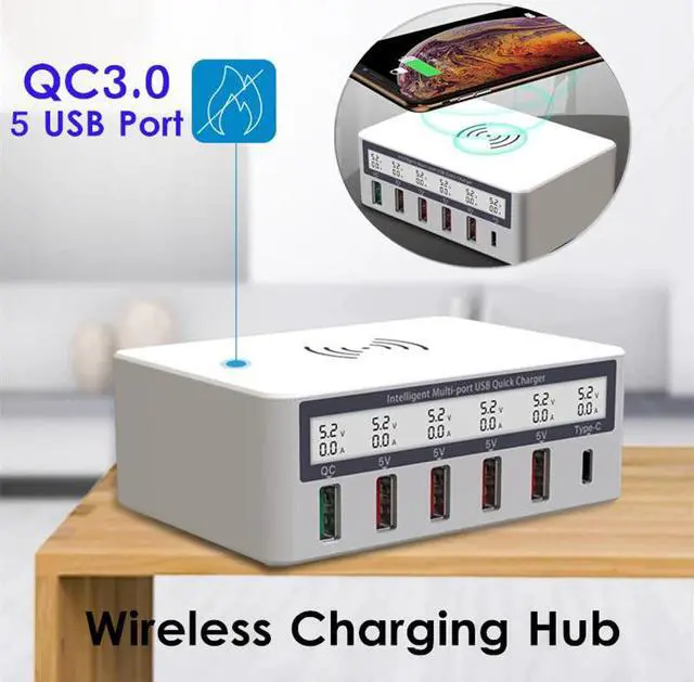 Main image of Type C Qi Wireless Charger 5 USB QC 3.0 Fast Charger With LCD Voltage Current Display For Phone Tablet PC