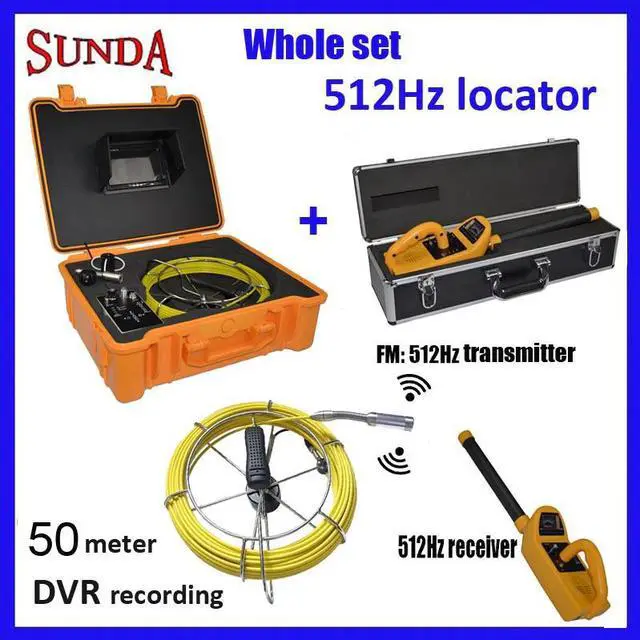 Main image of set 512hz sonde pipe inspection camera 50meter cable 512hz transmitter &receiver ABS yellow box dvr video recording