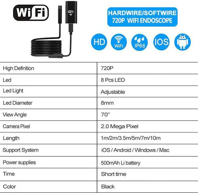 Alt view image 5 of 5 - Wifi Endoscope Camera 720P Hard/Softwire Borescope for iphone Android 1/2/3.5/5/7/10M Waterproof Inspecte Camera 5