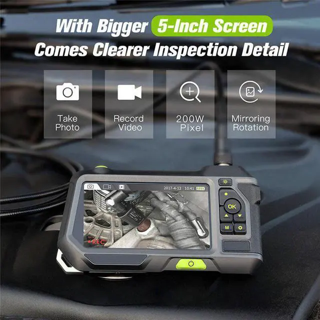 Alt view image 5 of 5 - 5.5mm Dual Lens Industrial Endoscope 2.0MP Inspection Camera 5 Inch 1280P HD LCD Screen Waterproof Borescope with 4 LED Lights