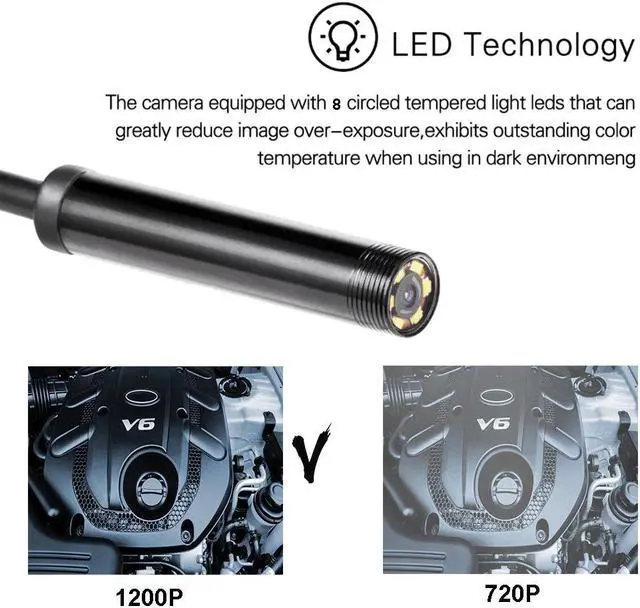 Alt view image 2 of 5 - Endoscope Camera 1200P HD 8mm Mini Waterproof Soft Cable Inspection Camera USB Wireless Borescope IOS Android Endoscope