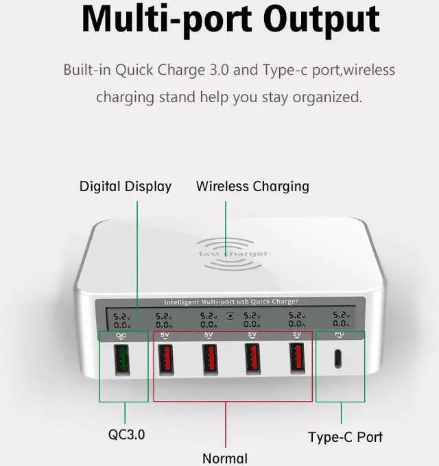 Alt view image 3 of 5 - Type C Qi Wireless Charger 5 USB QC 3.0 Fast Charger With LCD Voltage Current Display For Phone Tablet PC