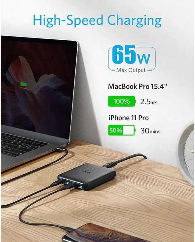 Alt view image 3 of 5 - USB C Charger, 65W 4 Port PIQ 3.0 & GaN Fast Charger Adapter, PowerPort Atom III Slim Wall Charger with a 45W USB C Port