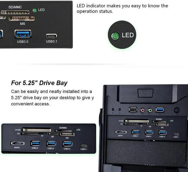 Alt view image 3 of 5 - Sunshine-tipway 5.25" Internal Card Reader Media Multi-Function Dashboard PC Front Panel Type-C USB 3.1 USB 3.0 Support CF