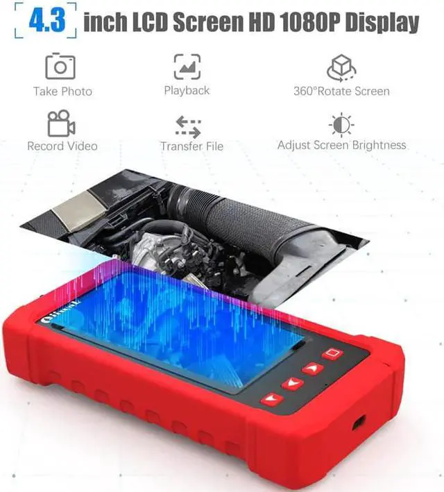 Alt view image 2 of 5 - 3.9mm Borescope Inspection Camera with Light 1080P HD Video 4.3 Inch Digital Screen IP68 Waterproof Industrial Endoscope