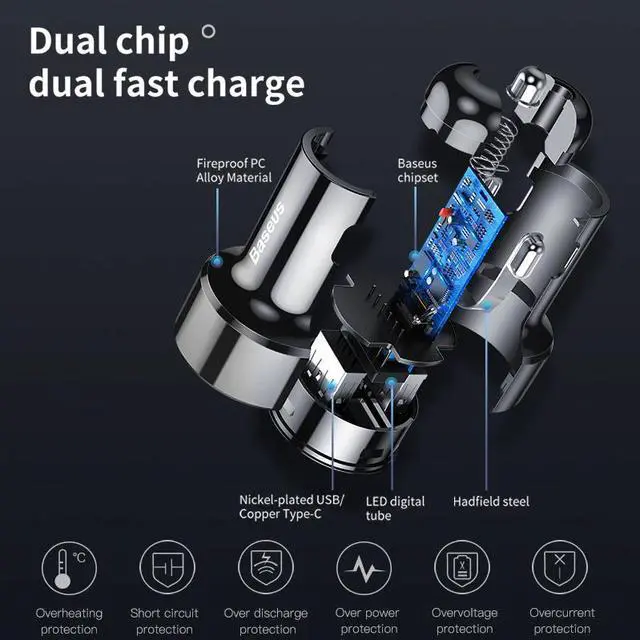 Alt view image 5 of 5 - 45W Quick Charge 4.0 3.0 USB Car Charger for Xiaomi Mi Huawei Supercharge SCP QC4.0 QC3.0 Fast PD USB C Car Phone Charger