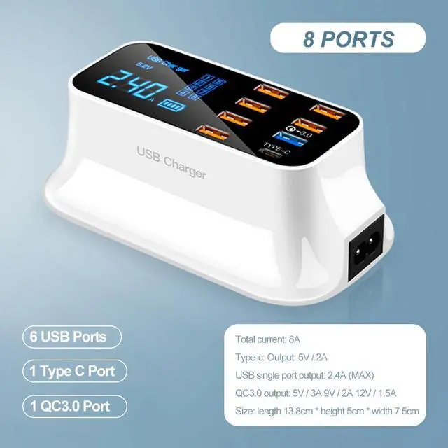 Alt view image 2 of 5 - 8 Ports QC3.0 Type C USB Charger For Android iPhone Adapter Phone Tablet Digital Display Fast Charger For xiaomi huawei samsung