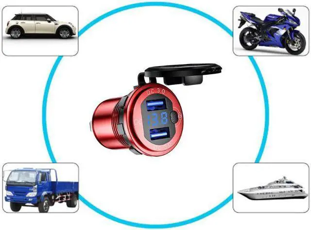 Alt view image 2 of 5 - 12V/24V Aluminum QC3.0 Dual USB Car Charger Fast Charge with Voltmeter Switch N0HC