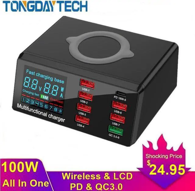 Main image of 100W Multi USB Fast Charger For IPhone 11 Pro Max XS XR 8 Port Usb LCD Quick Charge 3.0 PD Charger For  S10