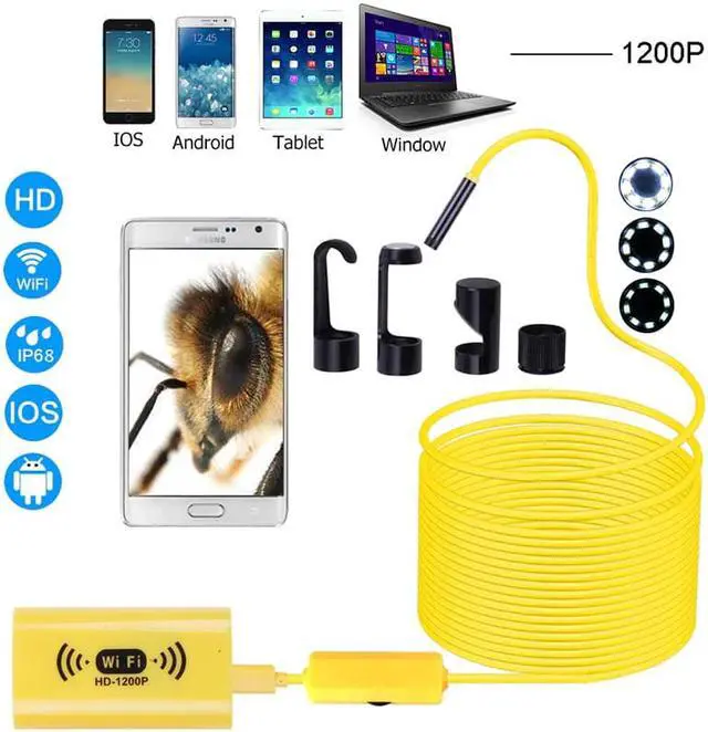 Main image of Endoscope Camera HD 1200P Waterproof Inspection Borescope 8mm 8LED Hard Cable Semi Rigid Tube wireless Endoscopy Yellow