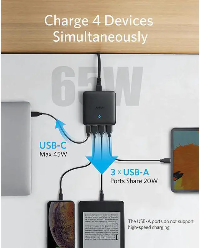 Alt view image 5 of 5 - USB C Charger, 65W 4 Port PIQ 3.0 & GaN Fast Charger Adapter, PowerPort Atom III Slim Wall Charger with a 45W USB C Port