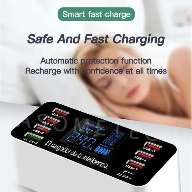 Alt view image 3 of 5 - 60W USB Socket Charger PD3.0 QC3.0 Fast Charge Desktop Adapter 8 Port Smart LED USB Charge Station For EU US UK Plug