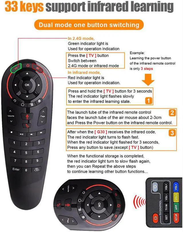 Alt view image 3 of 5 - L8star G30S Aero Mouse Wireless Google Voice Air Mouse 33 keys IR learning Gyro Smart remote control for android tv box Mini PC