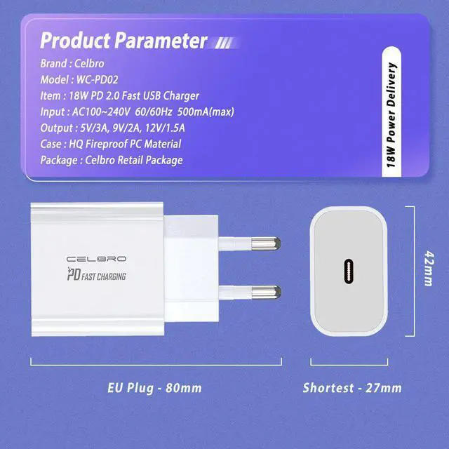 Alt view image 5 of 5 - 18w Usb Pd Charger Usb C Charger EU Plug For Macbook Iphone 11 Pro Samsung S20 Ultra Quick Charge 3.0 Chargeur Usb Type C Charge