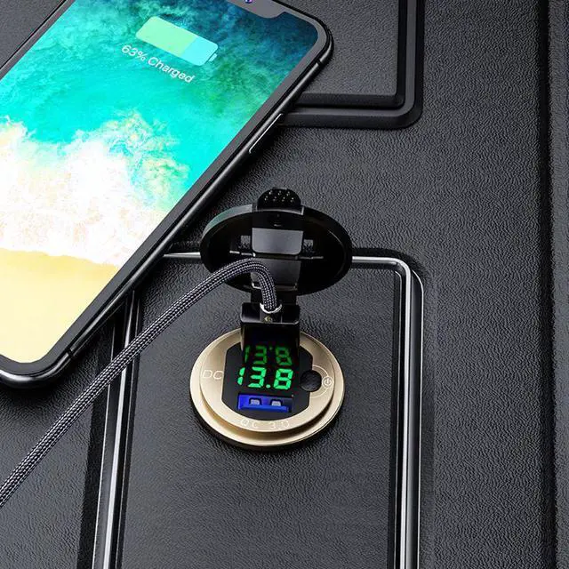 Alt view image 5 of 5 - 12V 24V 18W Aluminum Waterproof Dual QC3.0 USB Fast Charger Power Outlet with LED Voltmeter Switch for Car Marine Truck