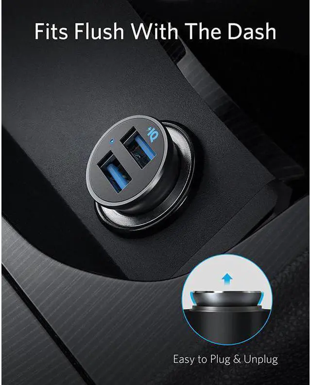 Alt view image 2 of 5 - Car Charger, Mini 24W 4.8A Metal Dual USB Car Charger, PowerDrive 2 Alloy Flush Fit Car Adapter with Blue LED