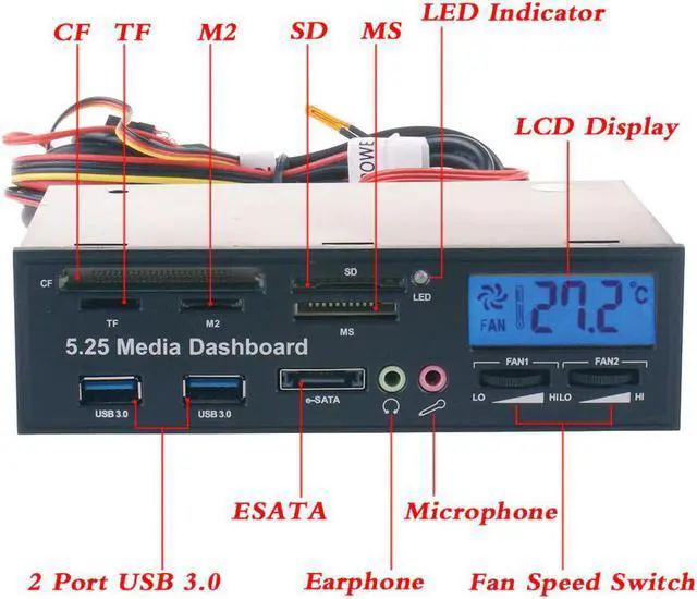 Alt view image 4 of 7 - 5.25" USB 3.0 e SATA All in 1 PC Media Dashboard Multi function Front Panel Card Reader I/O Ports