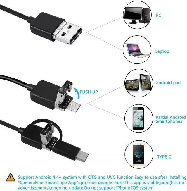 Alt view image 2 of 5 - 8MM Type-C & Android & PC Endoscope 3 in 1 2.0 MP USB Endoscope 6 LEDs Waterproof Inspection Camera for PC Laptops