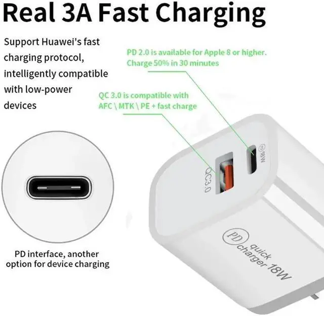 Alt view image 4 of 5 - 18W PD QC 3.0 Dual USB Charger Quick Charge EU US EU AU Plug for iPhone X 8 plus Note 9 10 Power Delivery Mobile Phone Adapter