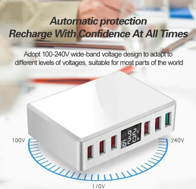 Alt view image 5 of 5 - 6 Ports USB Charger QC 3.0 Fast Charging Smart LCD Digital Display Multi-Port Travel Charger Station Quick Charge USB Charging
